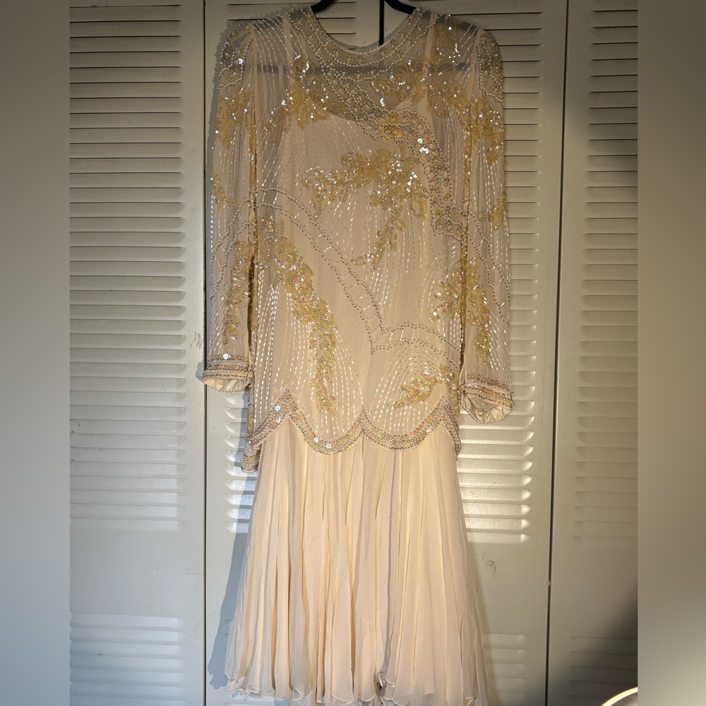 Lillie Rubin Cream Sequin Embellished Gown with Long Bishop Sleeves